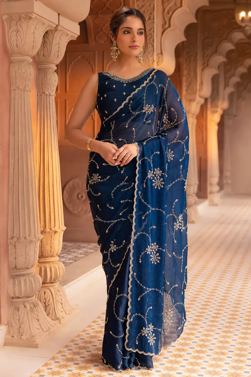 Navy Blue Organza Saree With Stone Work